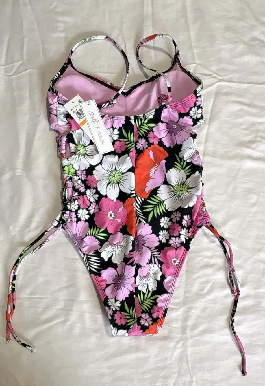 Salt + Cove Juniors' Floral Print Lace-Up Sides One-Piece Swimsuit Size S